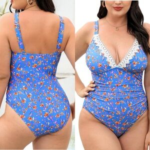 NWT Swimsuit Plus Size One Piece Lace V Neck Ruched Front Tummy Control SIZE 2X